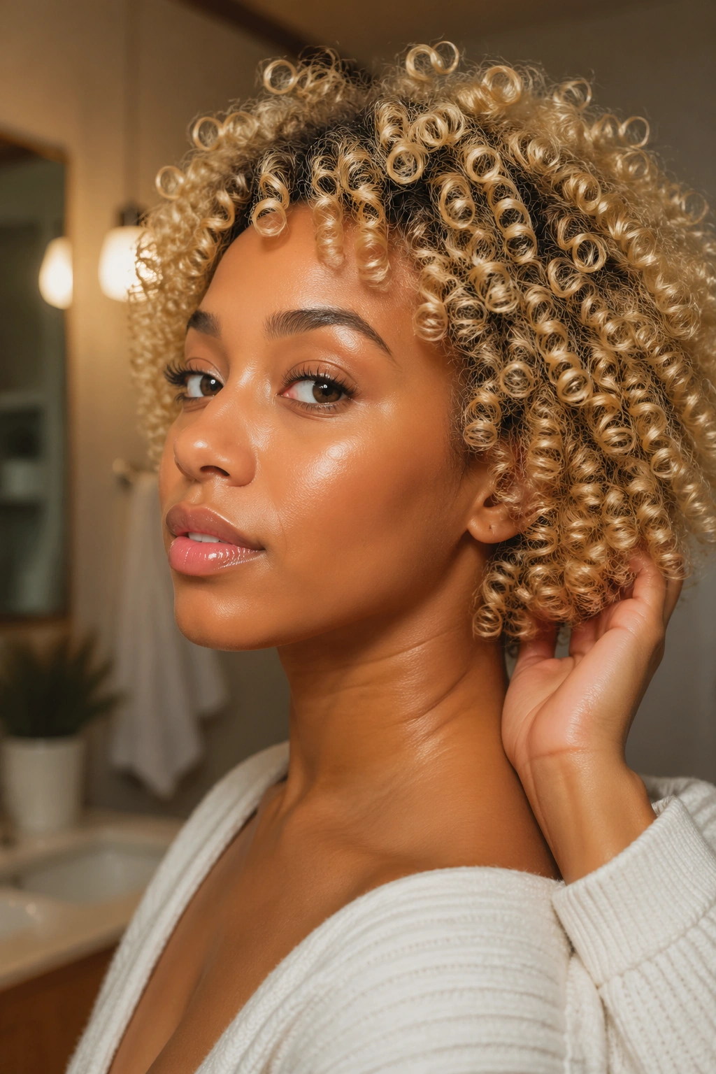 Close-up of moisturized, defined curls after bleaching in warm light