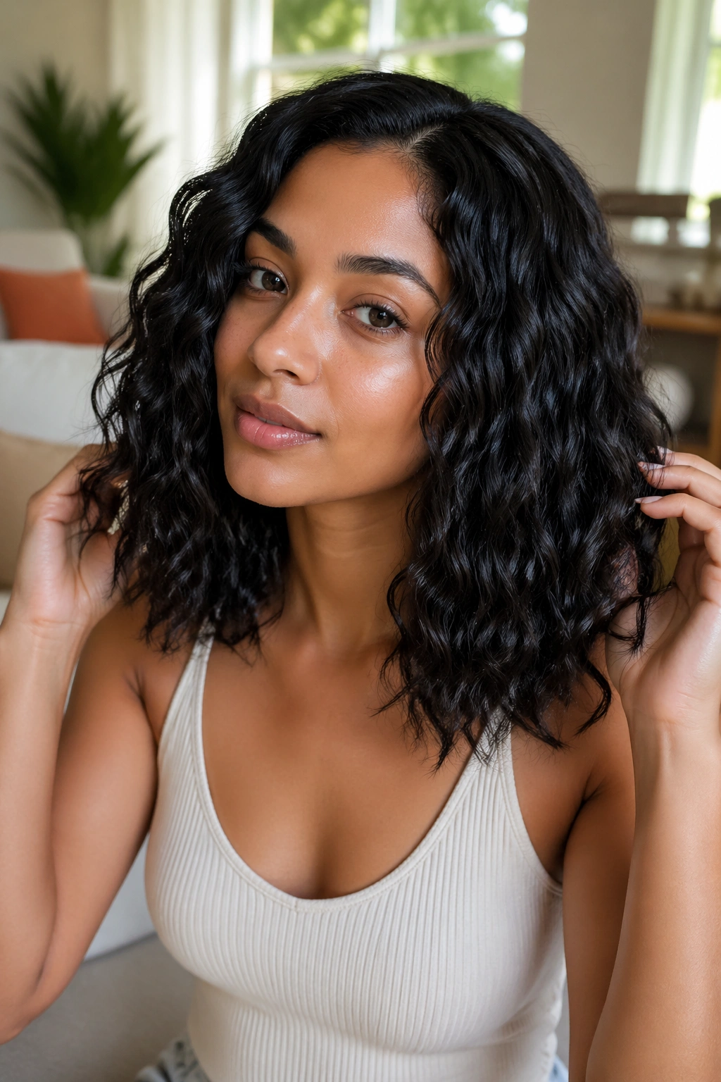 Portrait of a woman with glossy, defined waves after a haircut