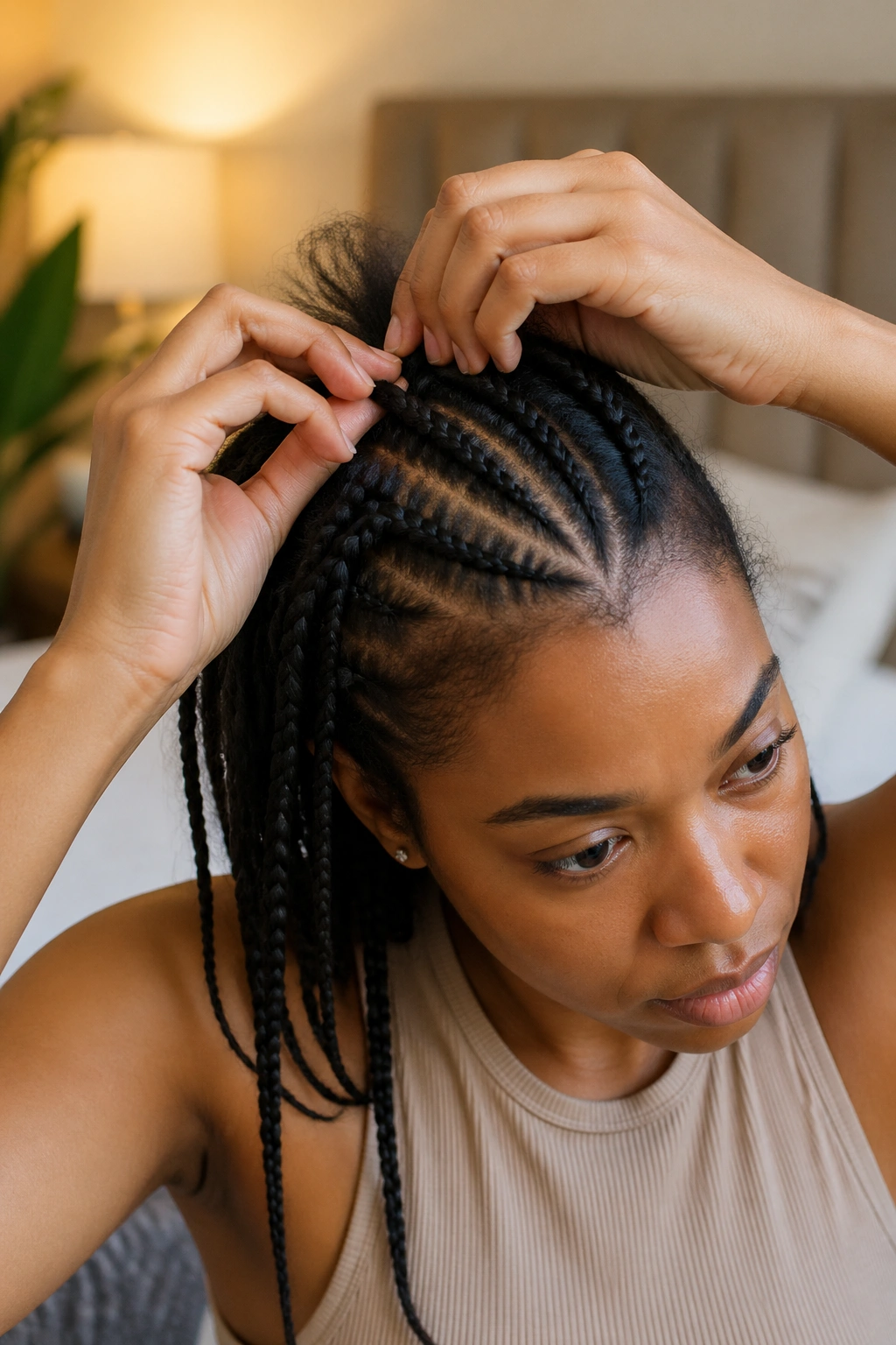 Person practicing cornrow braids on their own head in warm bedroom light