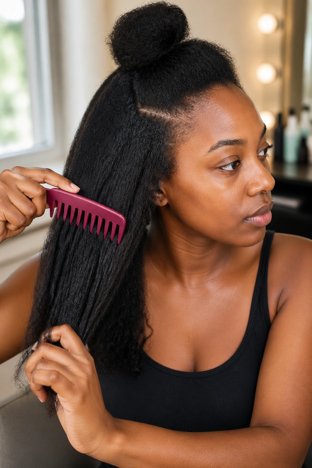 Close-up of a real woman during pre-braid prep detangling hair