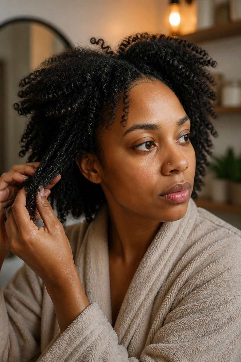 Moisturized Afro hair in a home prep setting on a real person