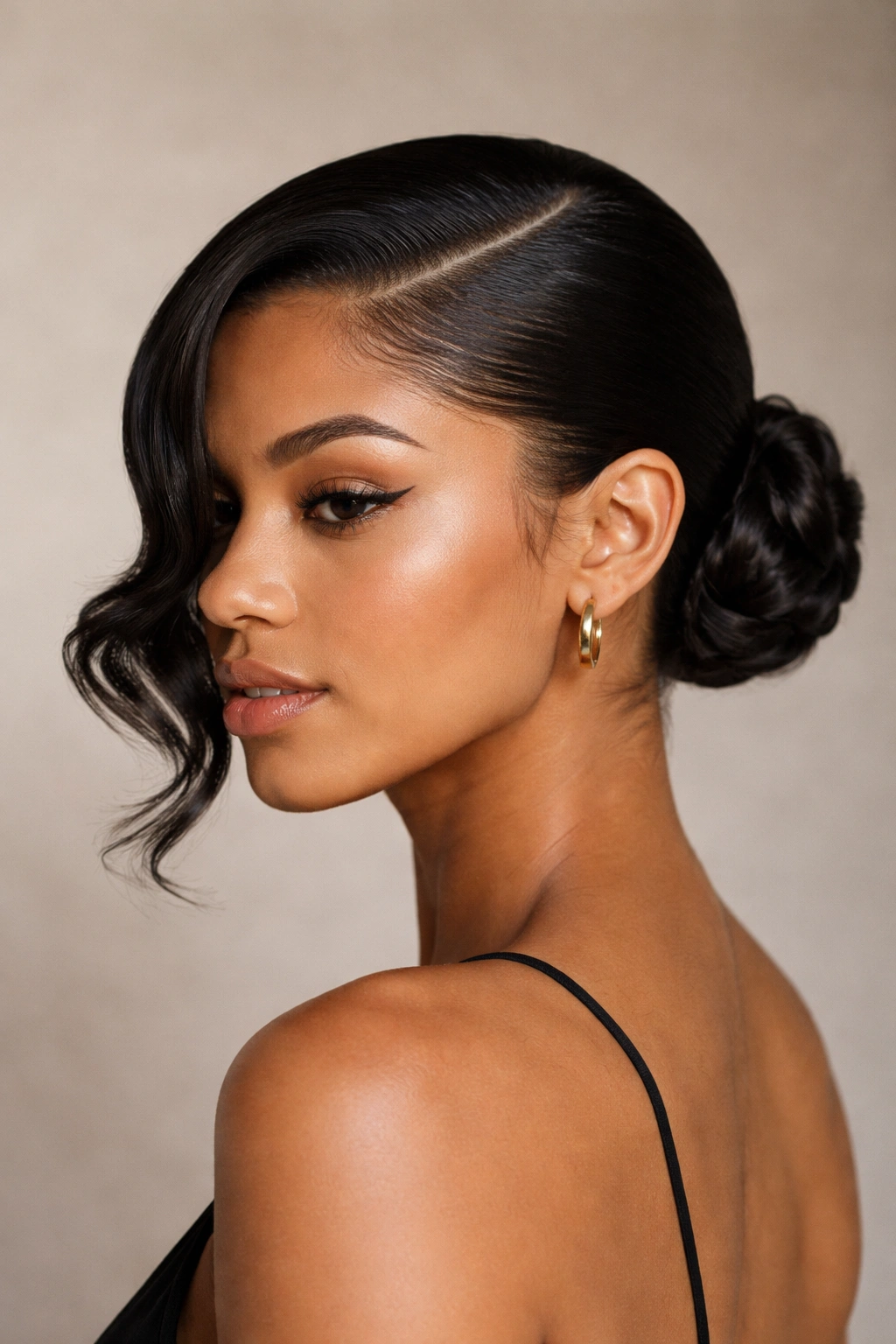Deep side part with swoop across the forehead and a low bun at the nape