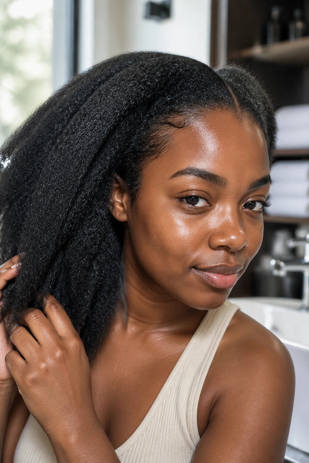Real person with freshly washed, moisturized stretched hair ready for big cornrows