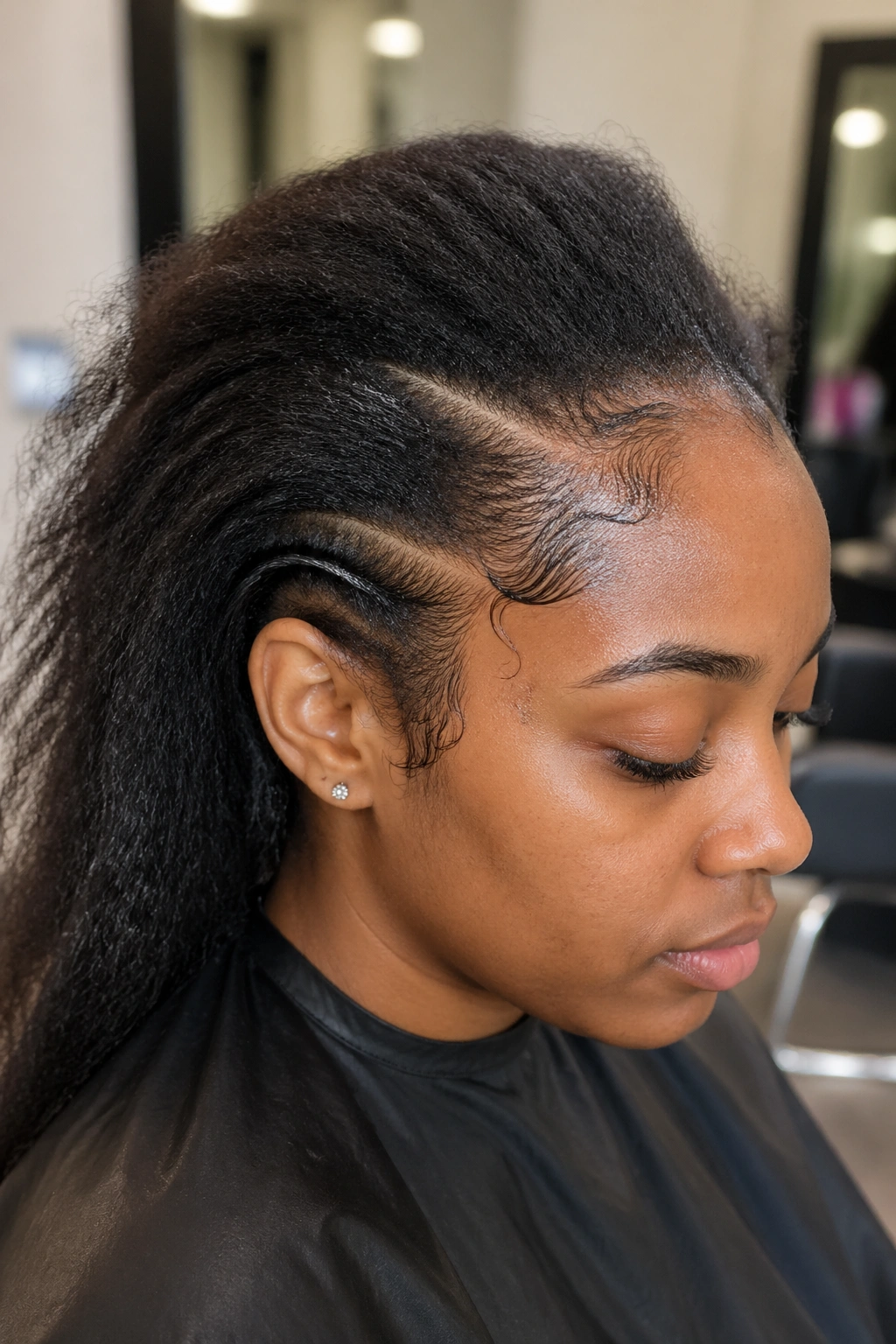 Close-up of damp stretched hair prepared for big cornrows in a salon