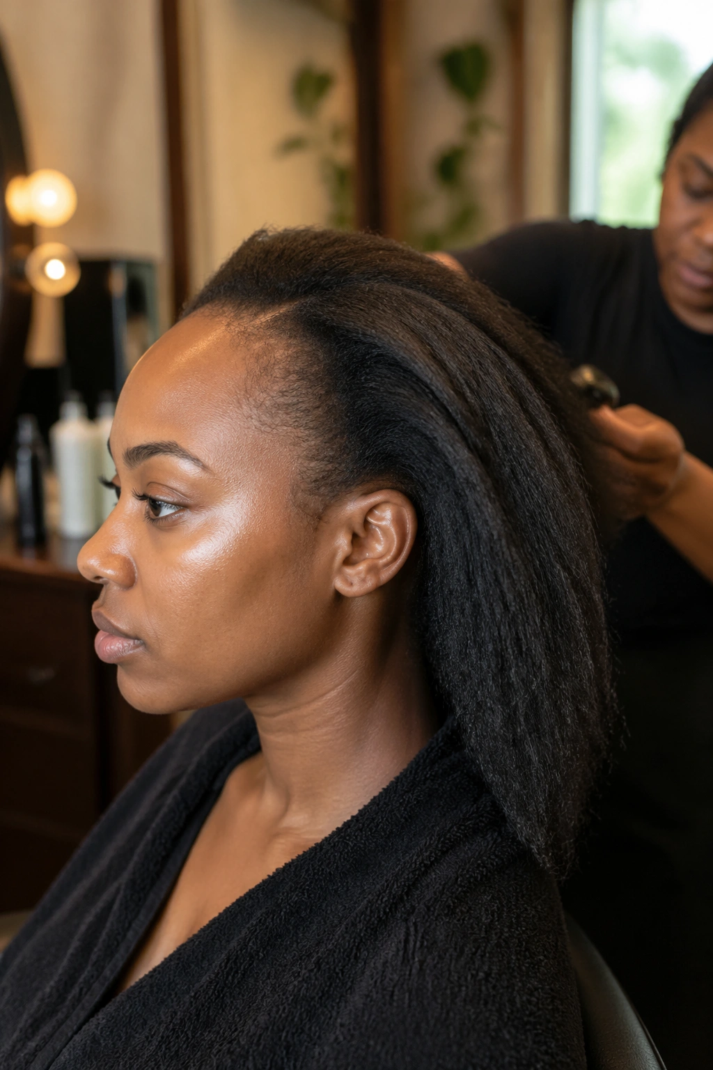 Real person with damp, stretched hair prepared for cornrow installation.