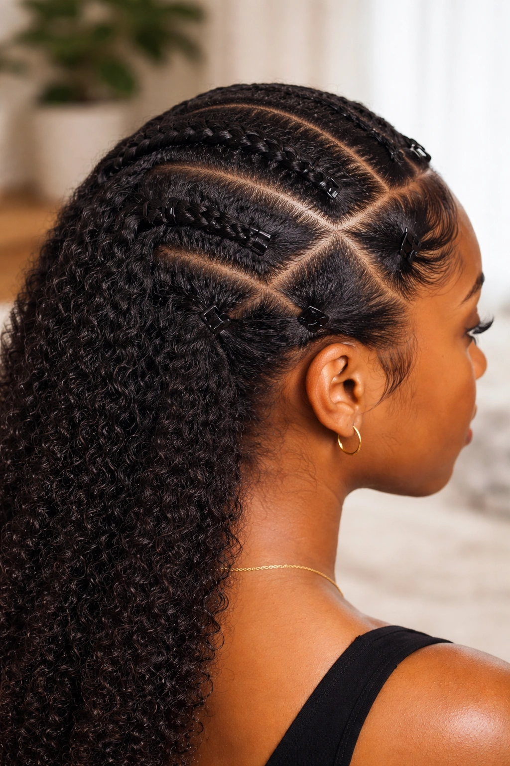 Detangled and moisturized hair with clean parts ready for cornrows