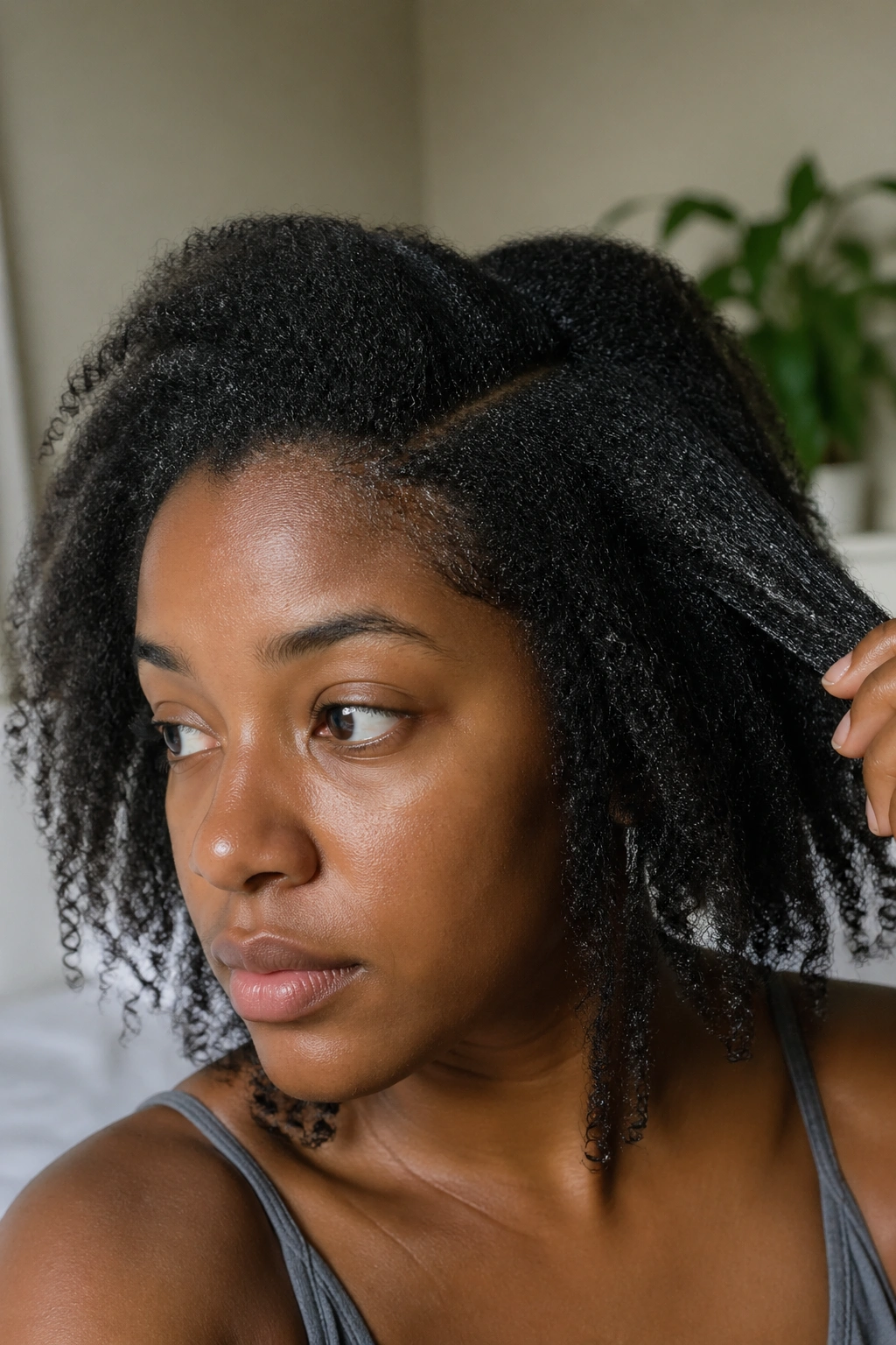 Close-up of a real person with detangled damp hair ready for cornrows