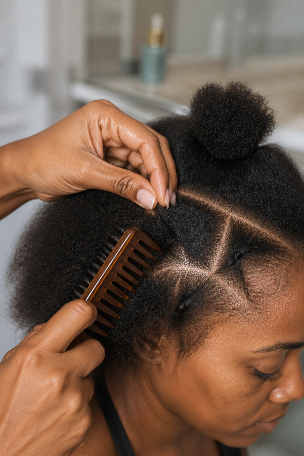 Close-up of detangling and prepping hair on real person at vanity