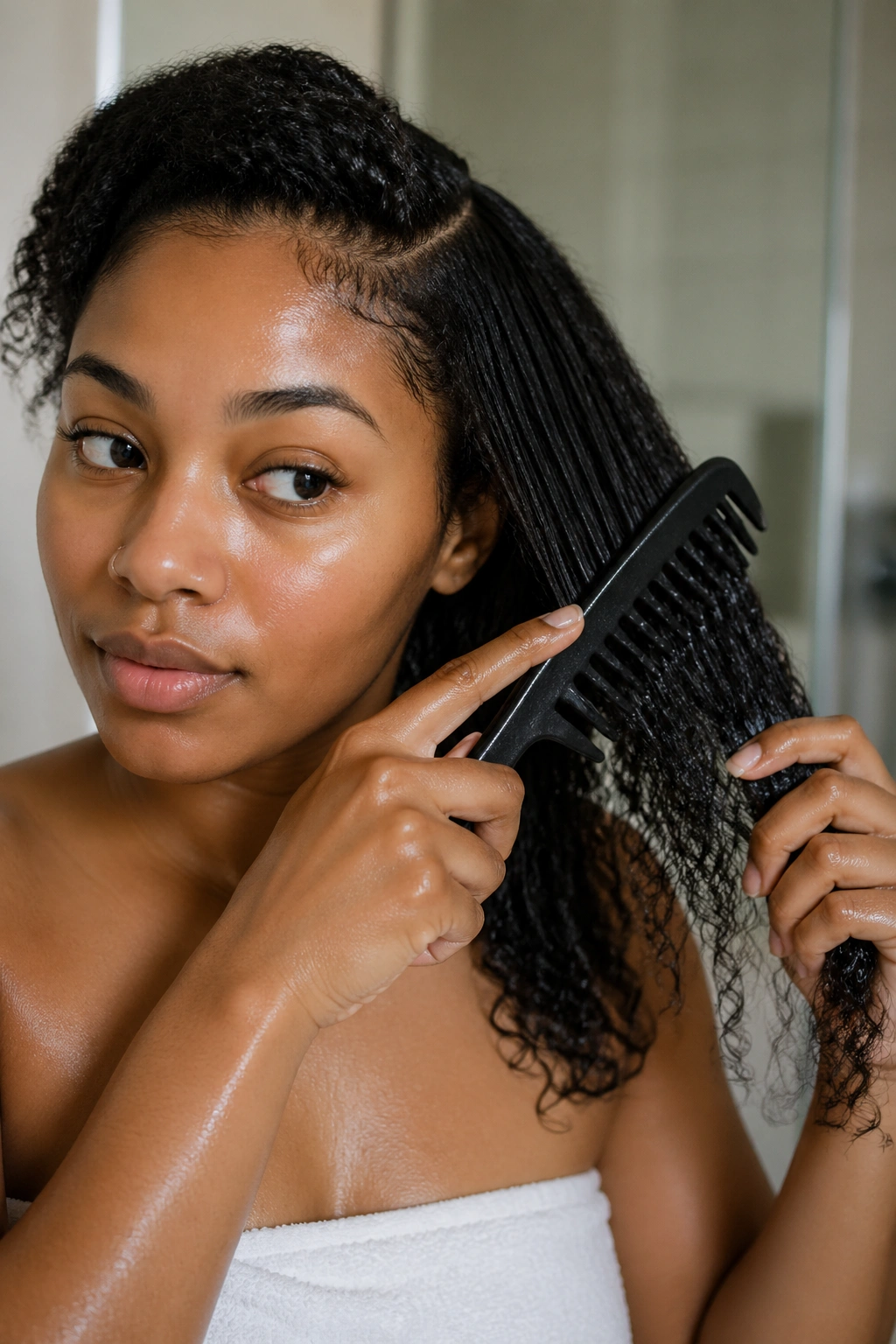 Woman detangling hair with a wide-tooth comb in prep for cornrow install