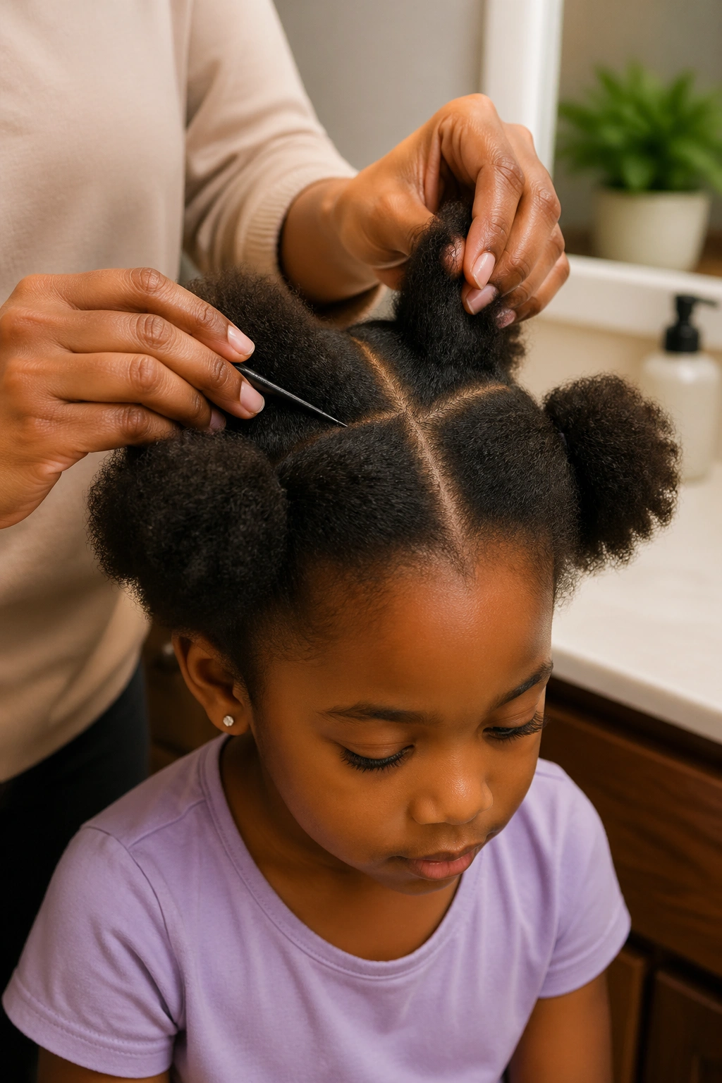 Hands parting a child's hair into sections during prep in a bathroom