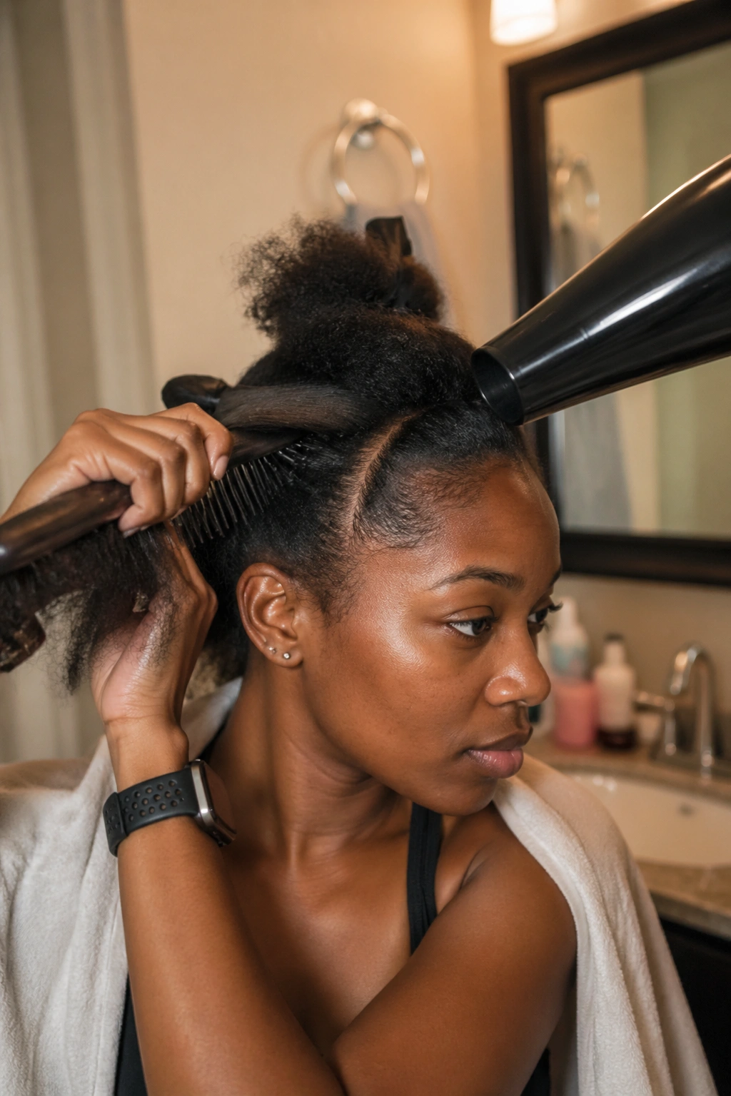 Real person getting hair prep for lemonade braids in a bathroom setting