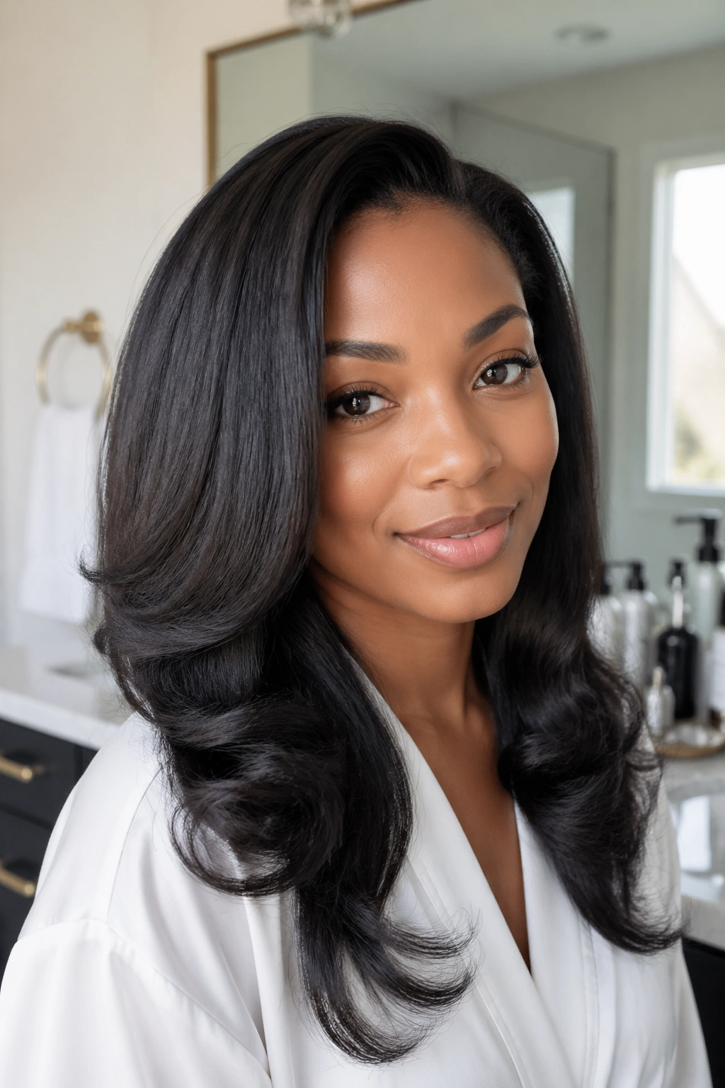 Real person with moisturized silk-pressed hair ready for body curls.