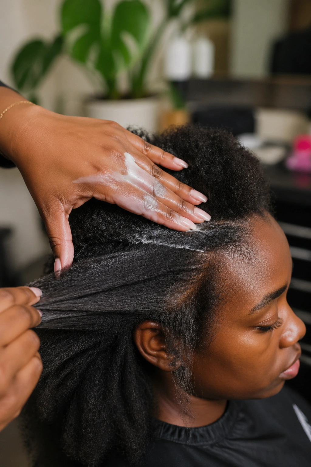 Hands applying conditioner and stretching hair in preparation for cornrows