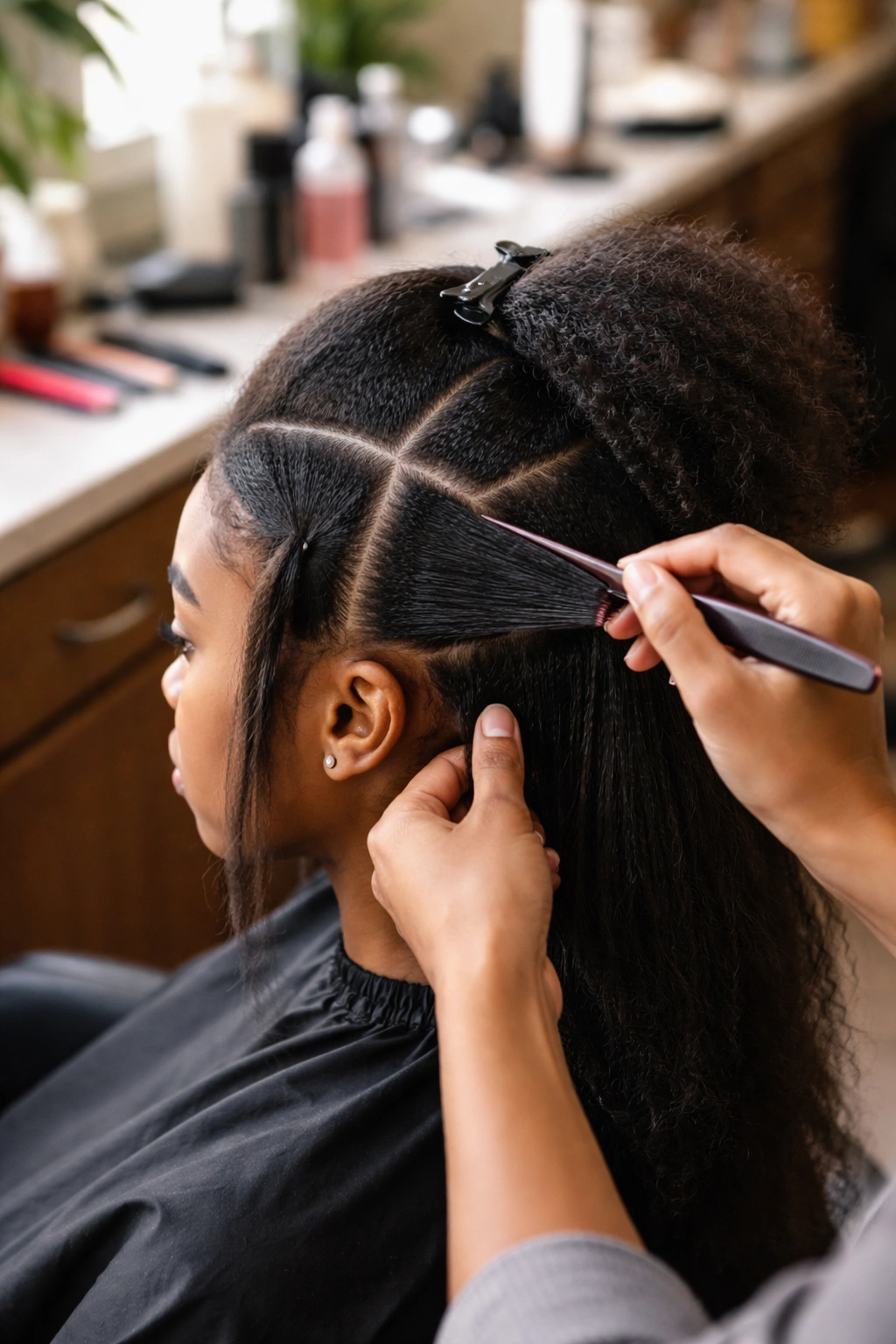 Salon prep scene with hands sectioning hair for cornrow pigtails
