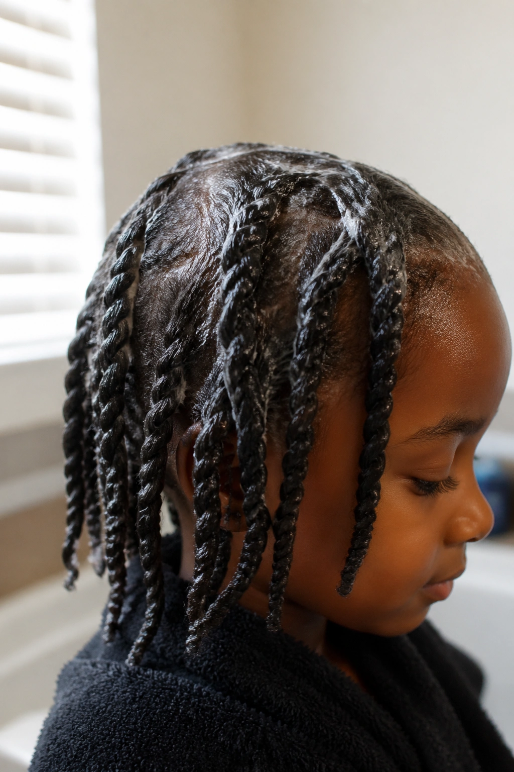Child's hair prepped for cornrows with conditioner and detangled