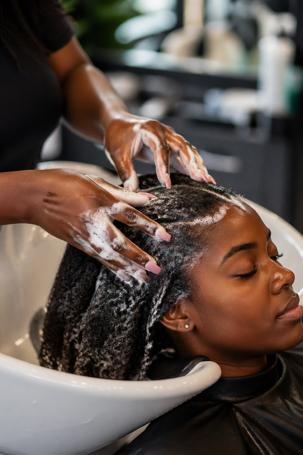 Close-up of hair prep in a salon with shampoo and detangling step on real client