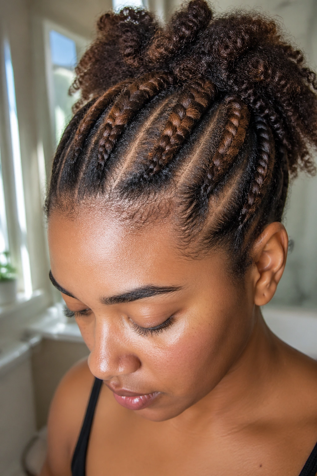 Close-up of a real person preparing hair sections for brown cornrow installs