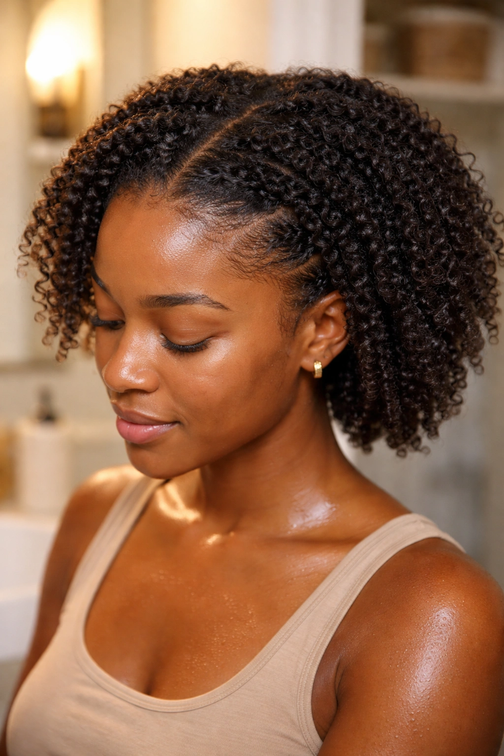 Close-up of moisturized hair preparing for kinky twists on a real person.
