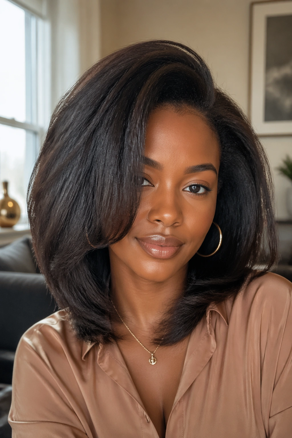 Close-up of a real person with a voluminous pressed natural hairstyle in warm interior lighting.