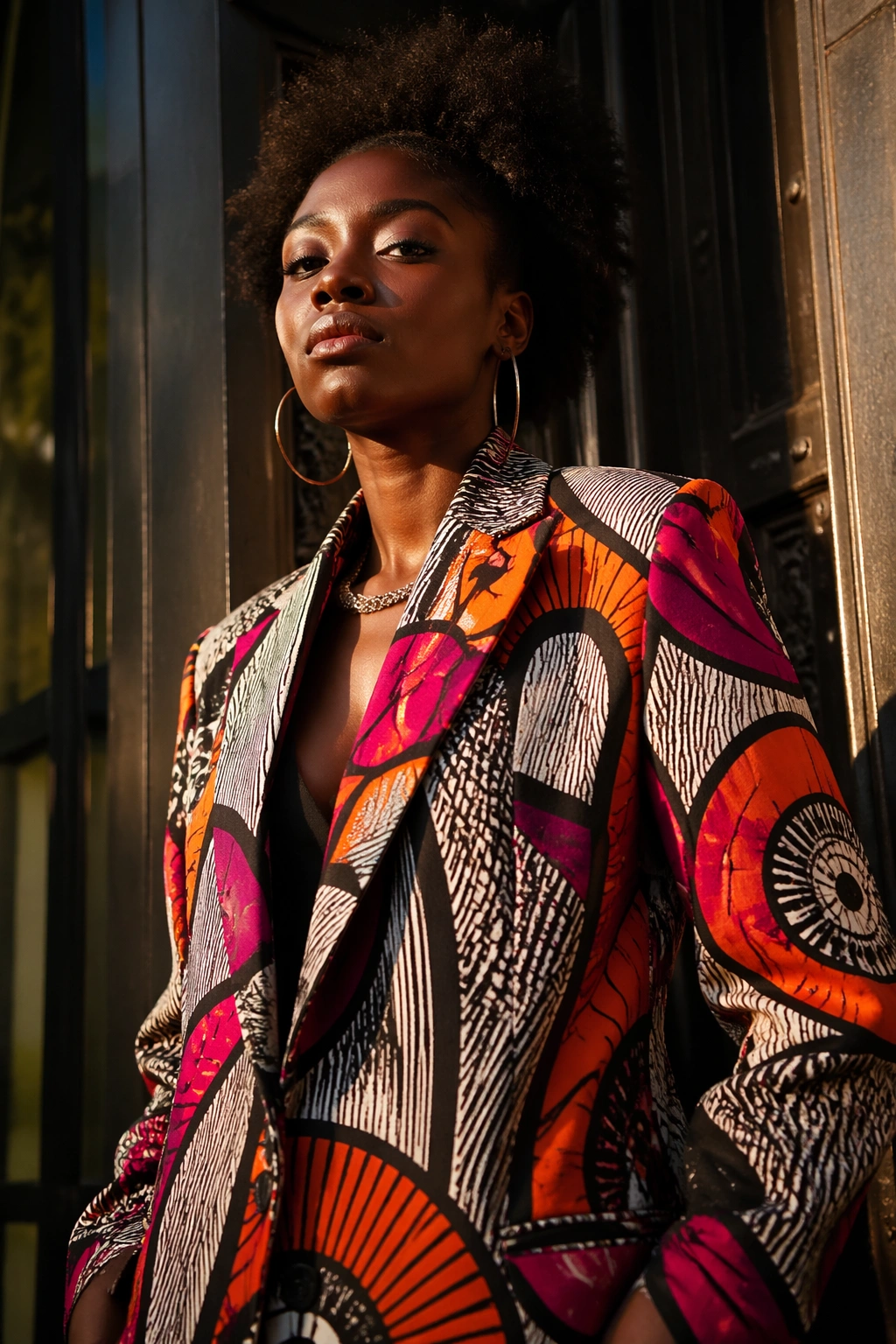 Close-up of a person in a bold printed blazer against an urban doorway.