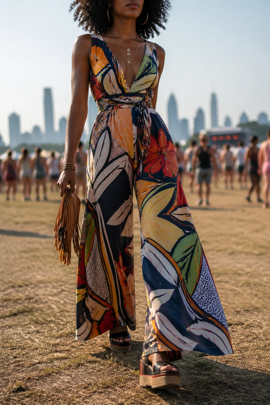 Medium close-up of a person in a bold printed jumpsuit at a festival