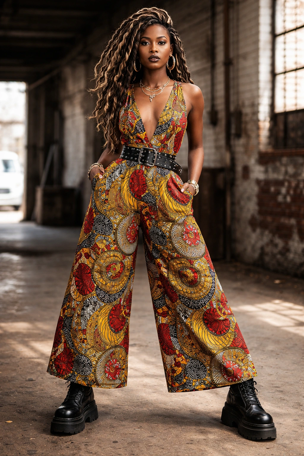 Woman in bold African print jumpsuit with studded belt and chunky boots.