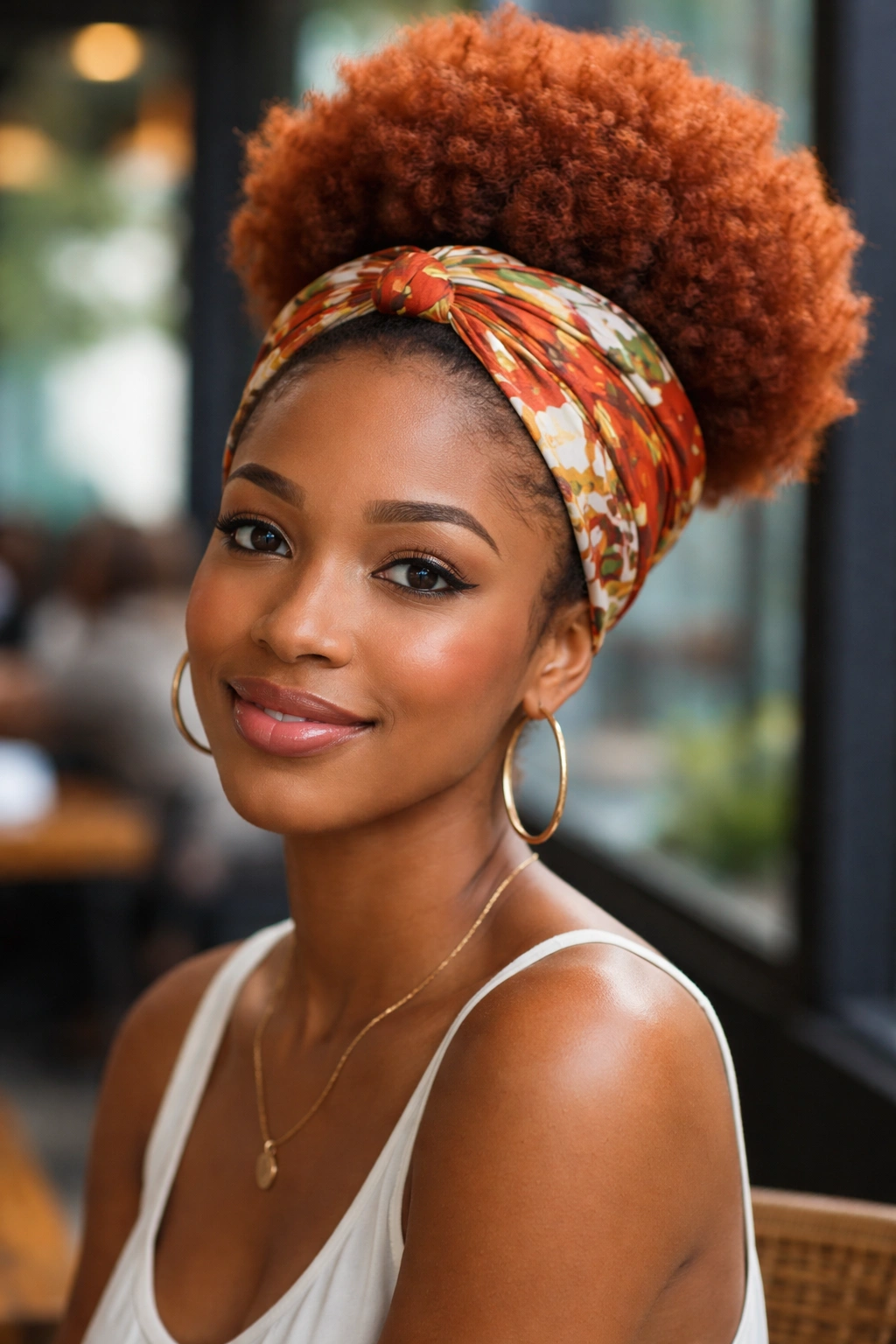Close-up of real person wearing a printed scarf headband matching the afro puff color.