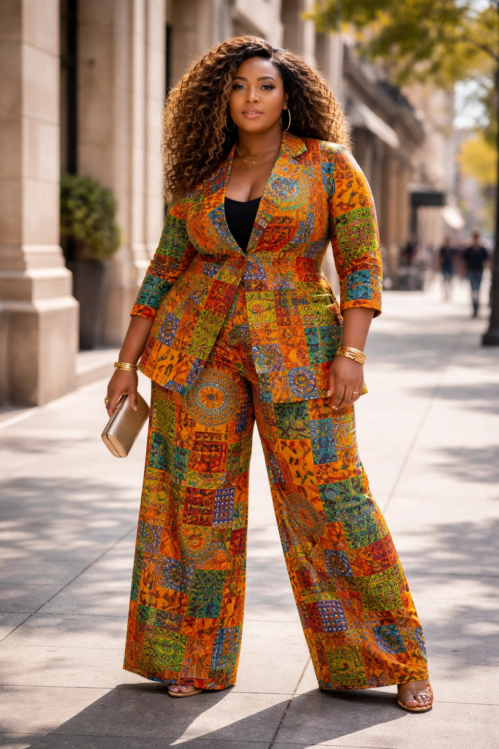 Plus-size model in matching printed wide-leg suit outdoors