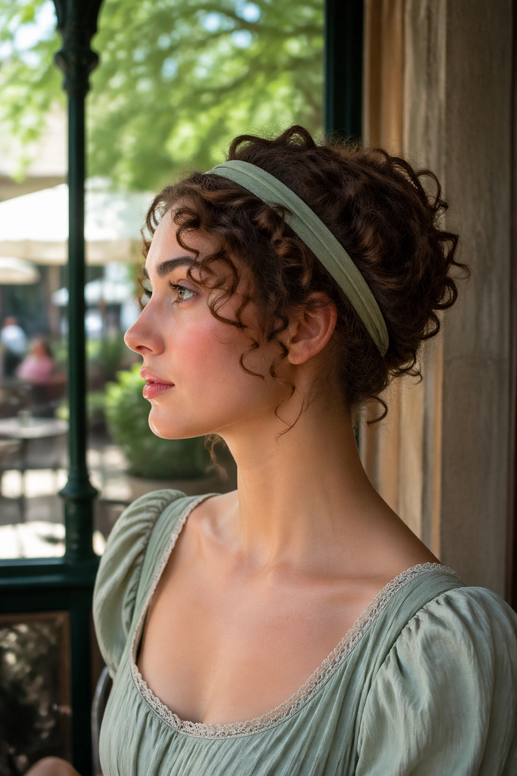 Profile portrait of a woman with curls and a bandeau across the head