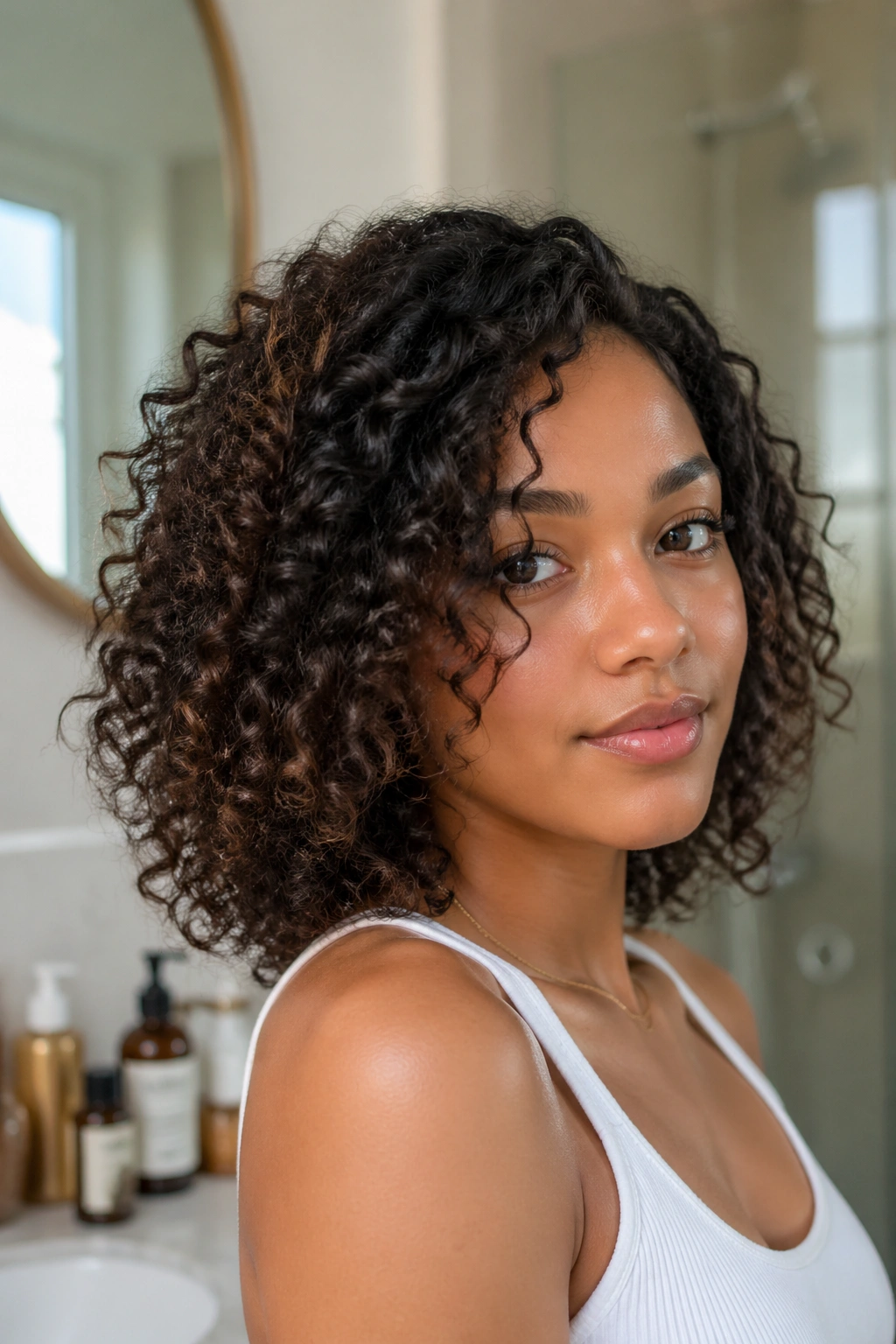 Close-up of moisturized curly hair on a real person during a prom styling product test