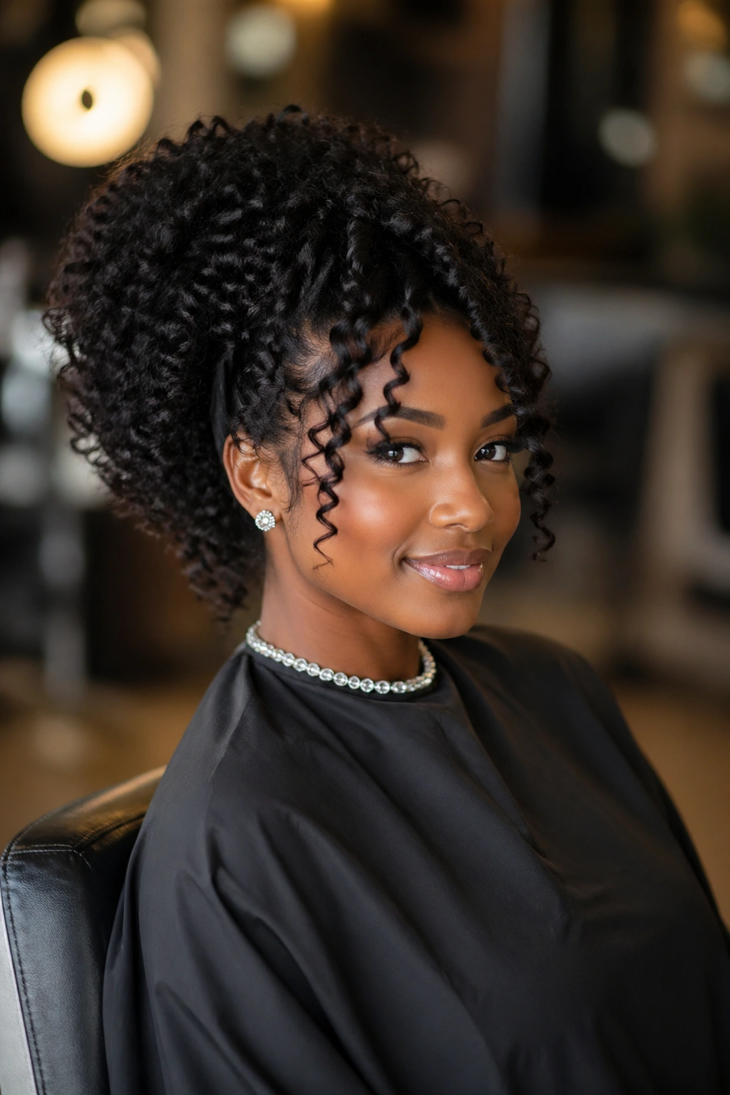 Portrait of a person with natural curls in a calm salon chair.