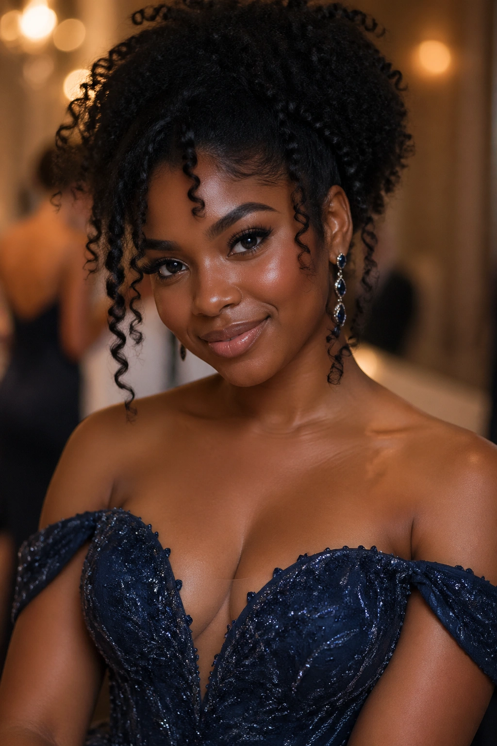 Portrait of a person with natural hair and formal gown matching style to dress.