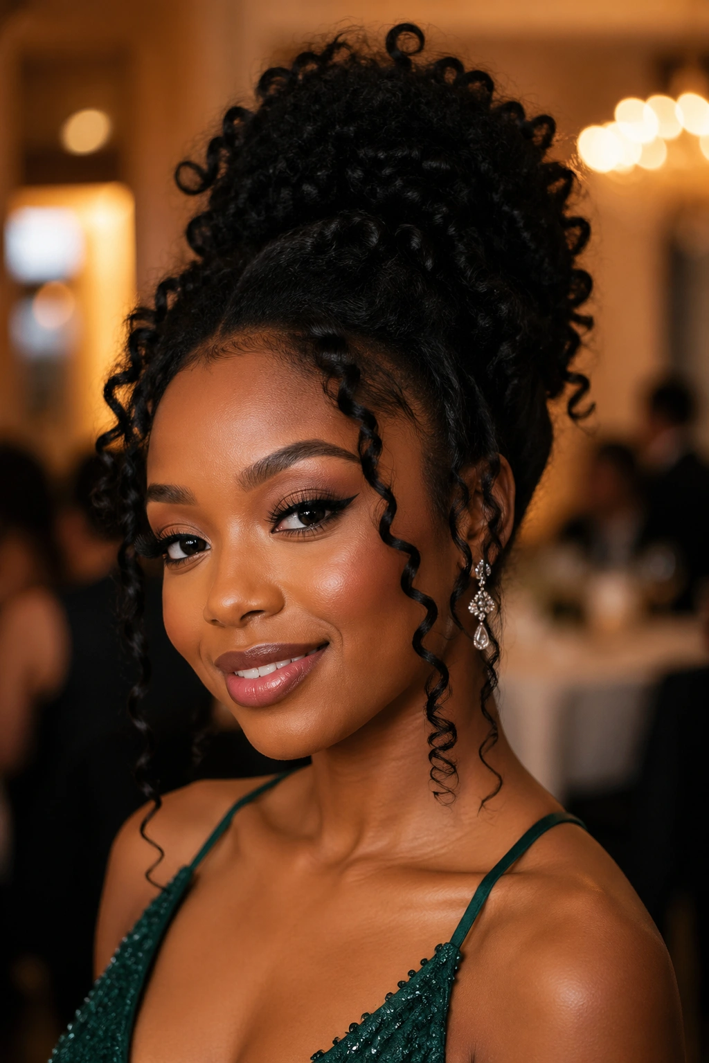 Close-up of a real woman with a durable prom-ready hairstyle
