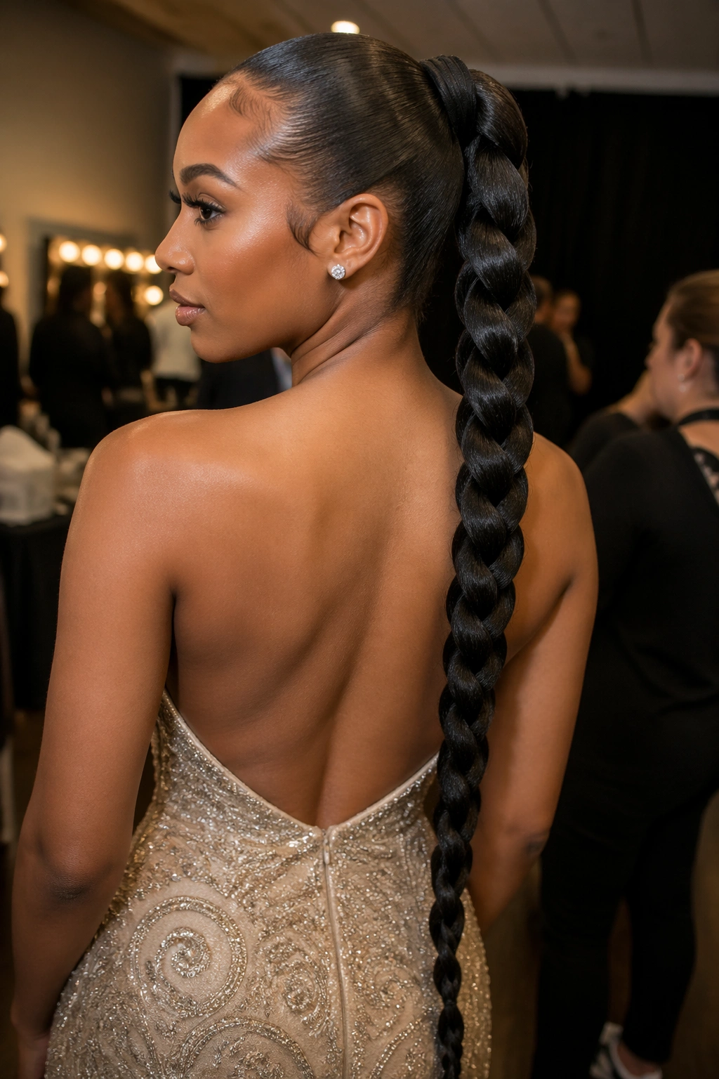 Close-up of a real Black woman's jumbo braid ponytail down the back