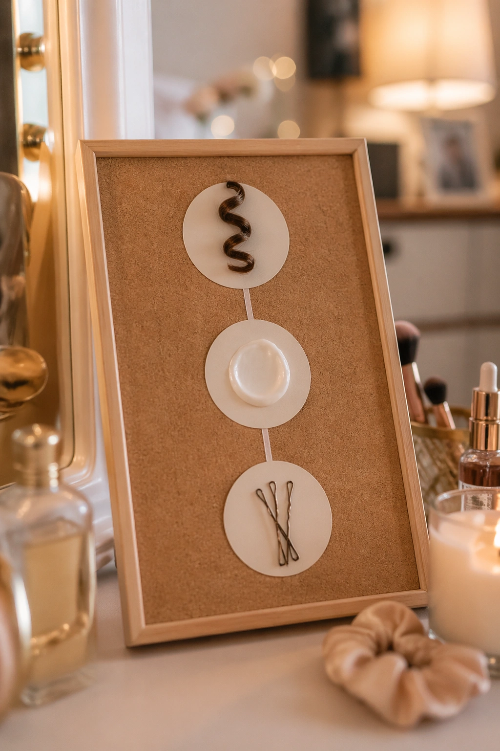 Close-up of a prep timeline board with icons for hair steps on a vanity