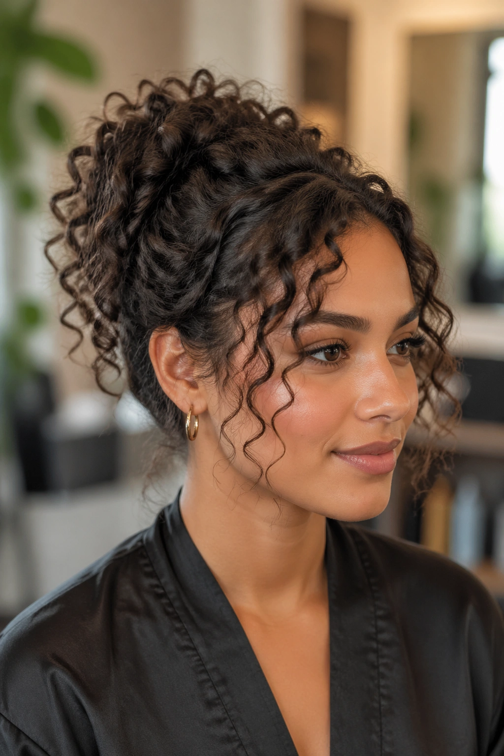 Portrait of a real person planning their prom hairstyle trial with medium natural curls