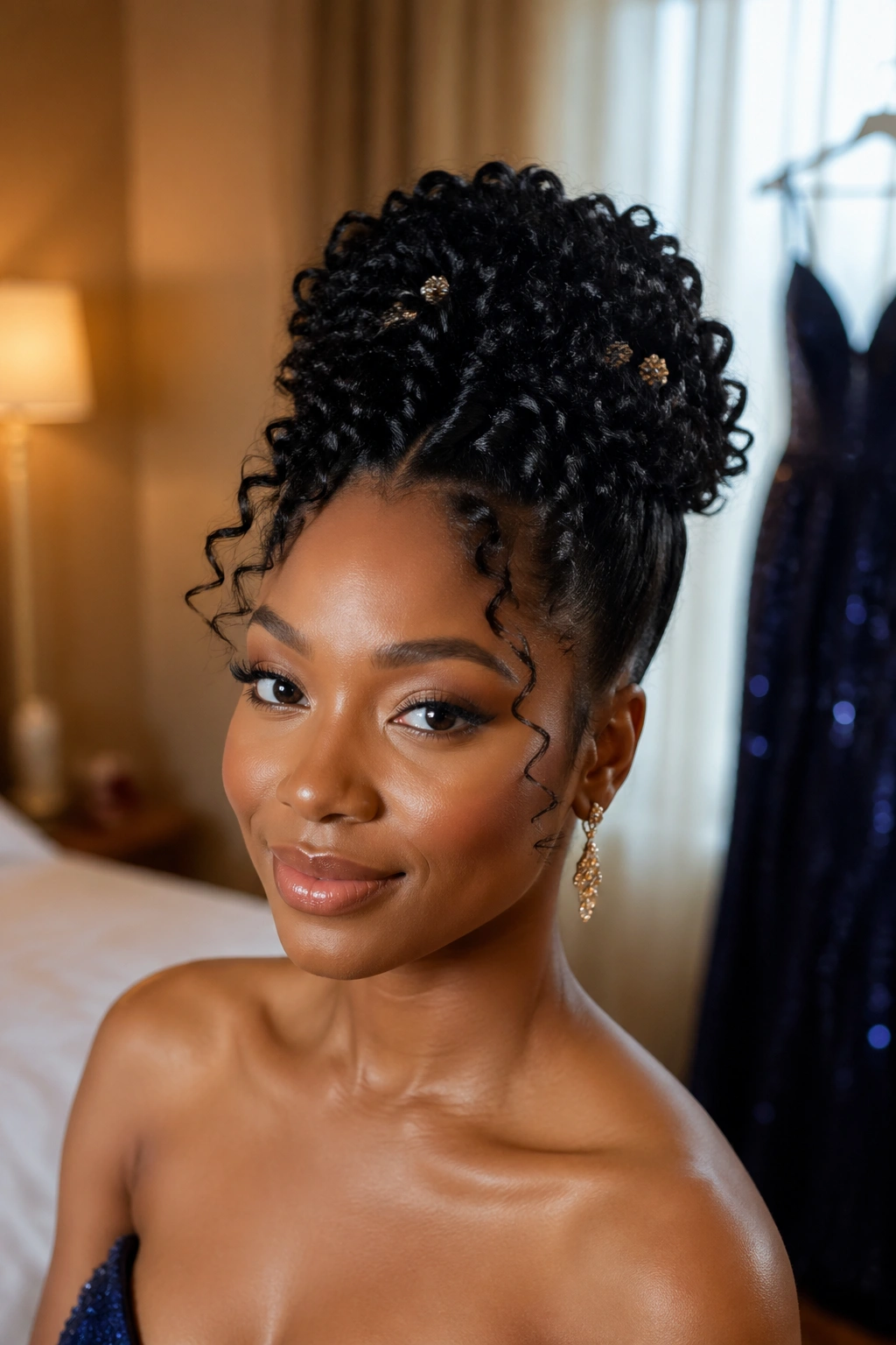 Portrait of a real woman with an elegant prom updo in warm indoor light