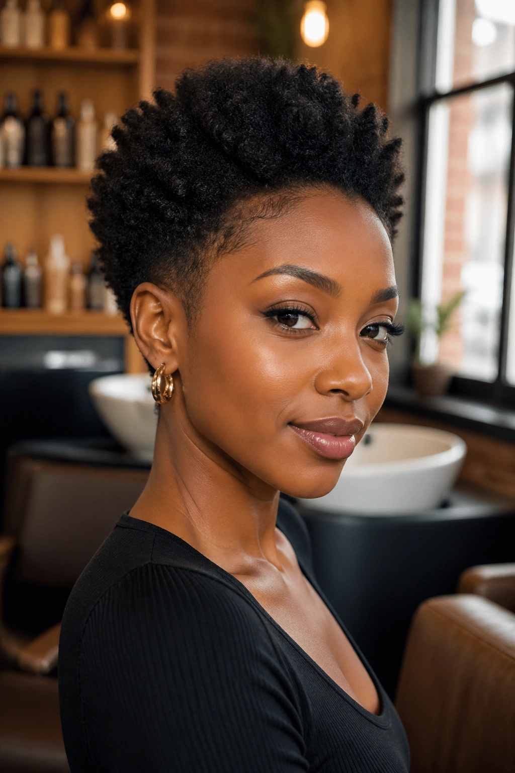 Close-up portrait of a petite woman with a tapered sculpted afro illustrating proportion