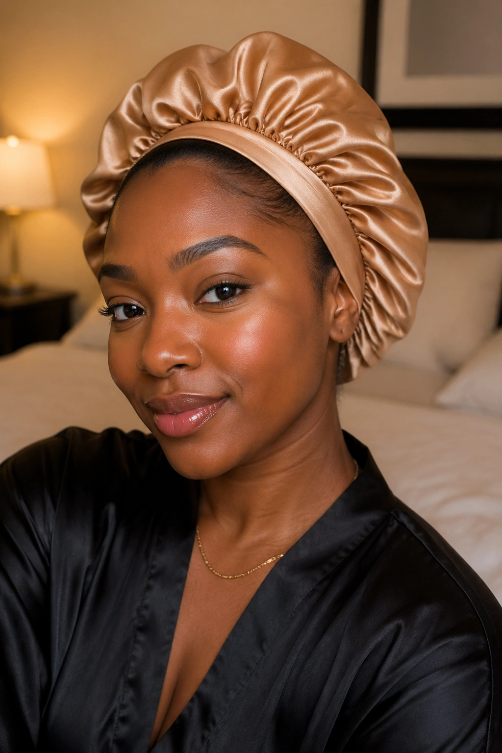 Woman wearing satin headscarf protecting natural hair between wand curls