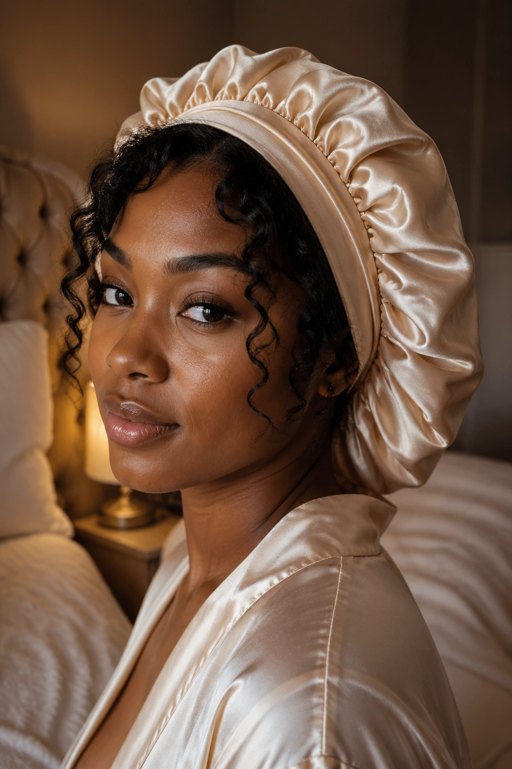 Curly-haired person with satin bonnet in softly lit bedroom