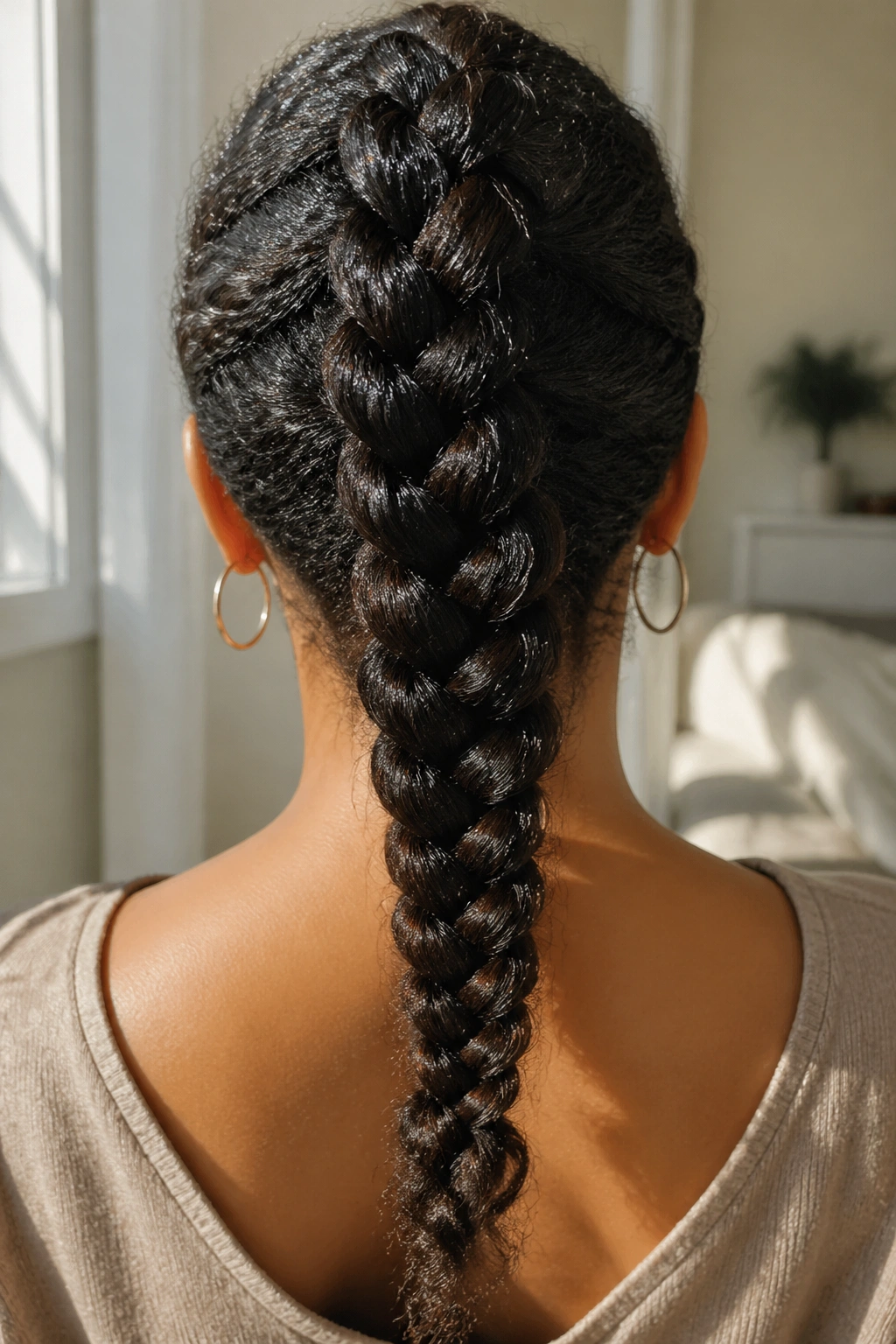 Back view of a real woman with a large protective braid down the back