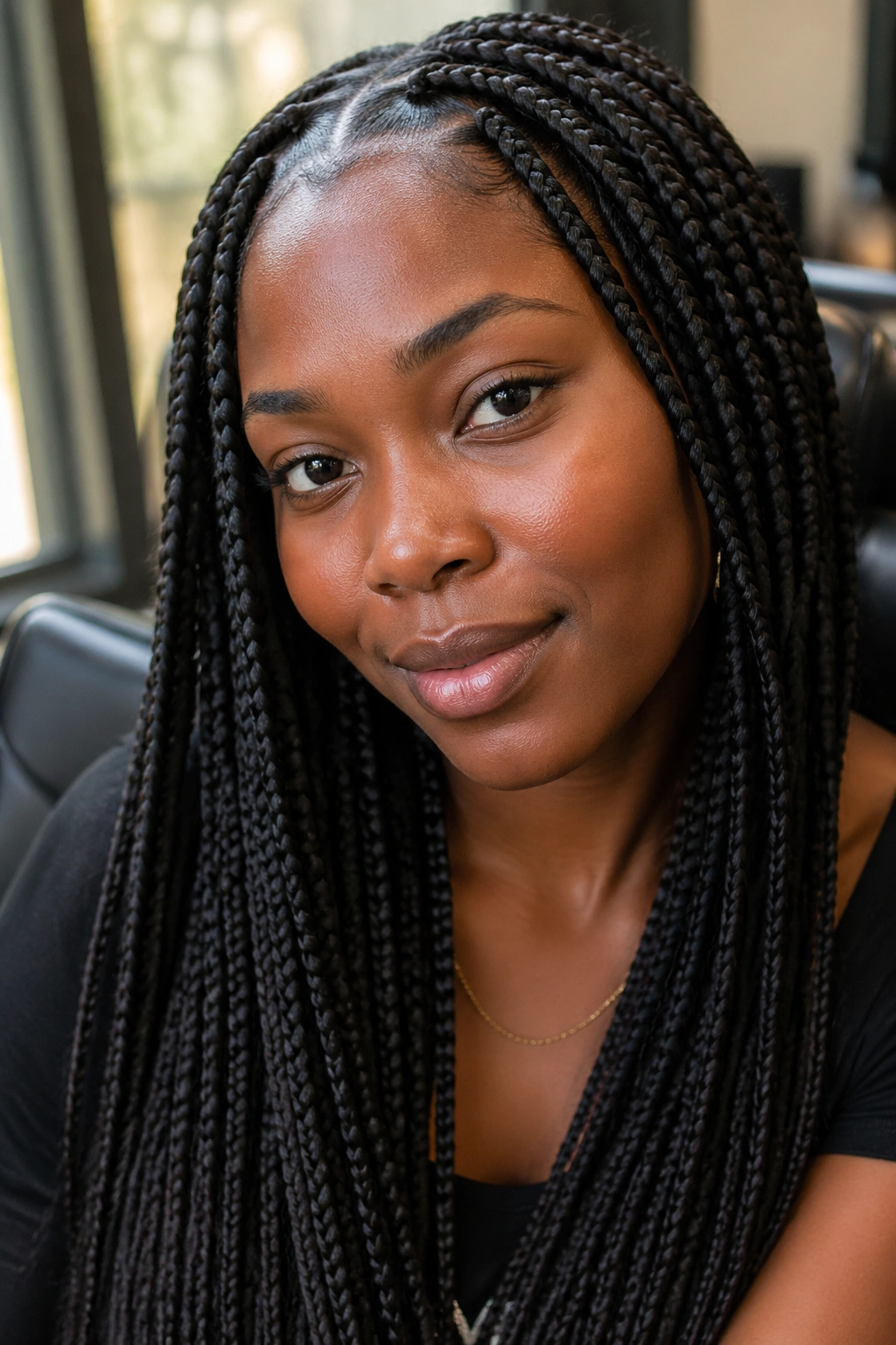 Close-up of a real woman with protective box braids filling the frame in a salon