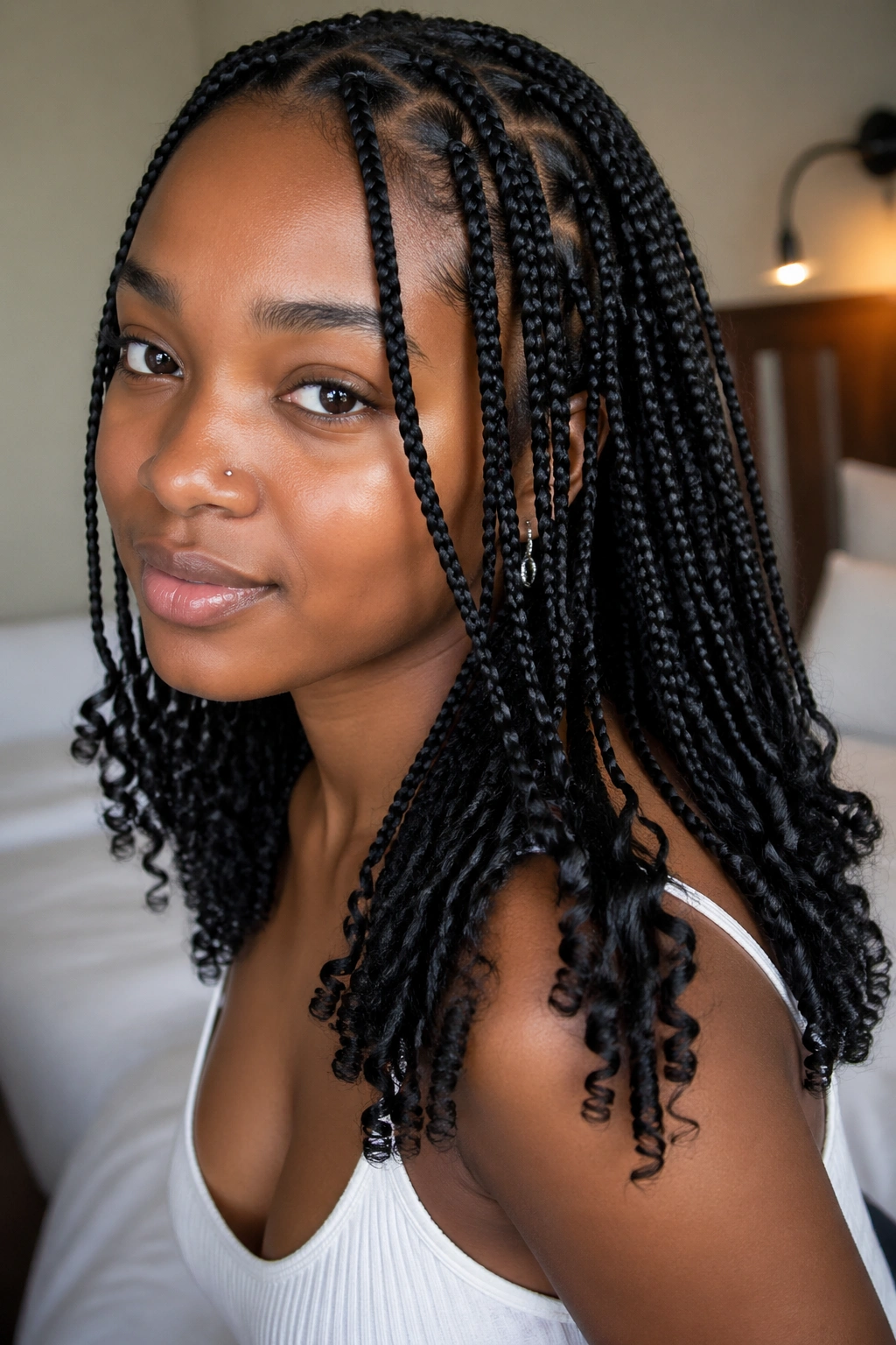Real woman in protective braids with curly ends