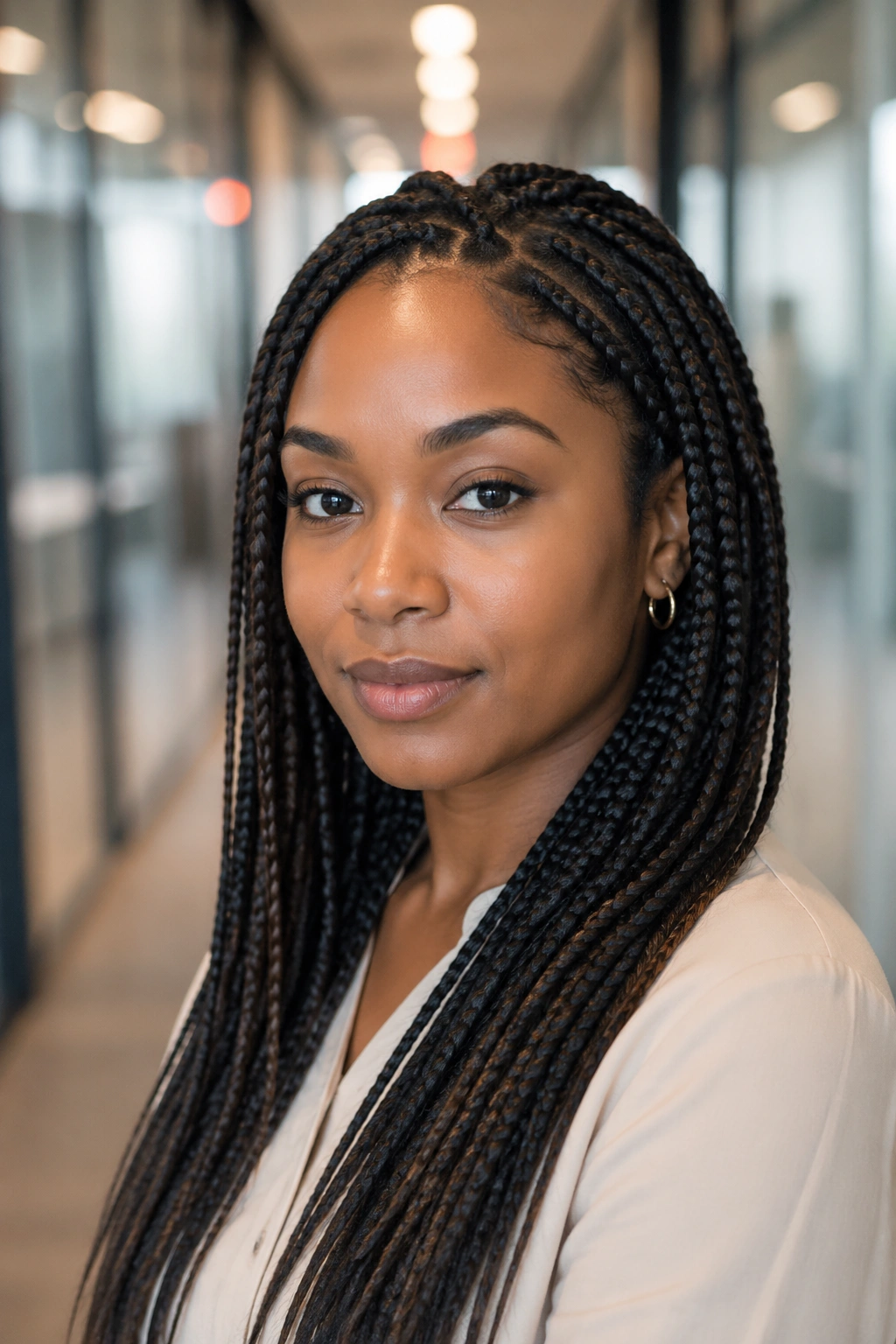 Real woman with protective braids in an office hallway