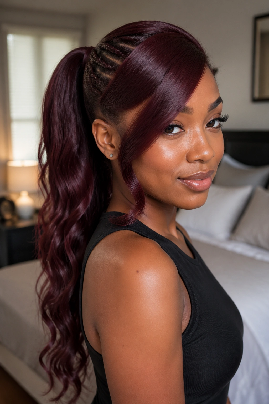 Close-up of a real woman with protective burgundy swoop ponytail over braided base.
