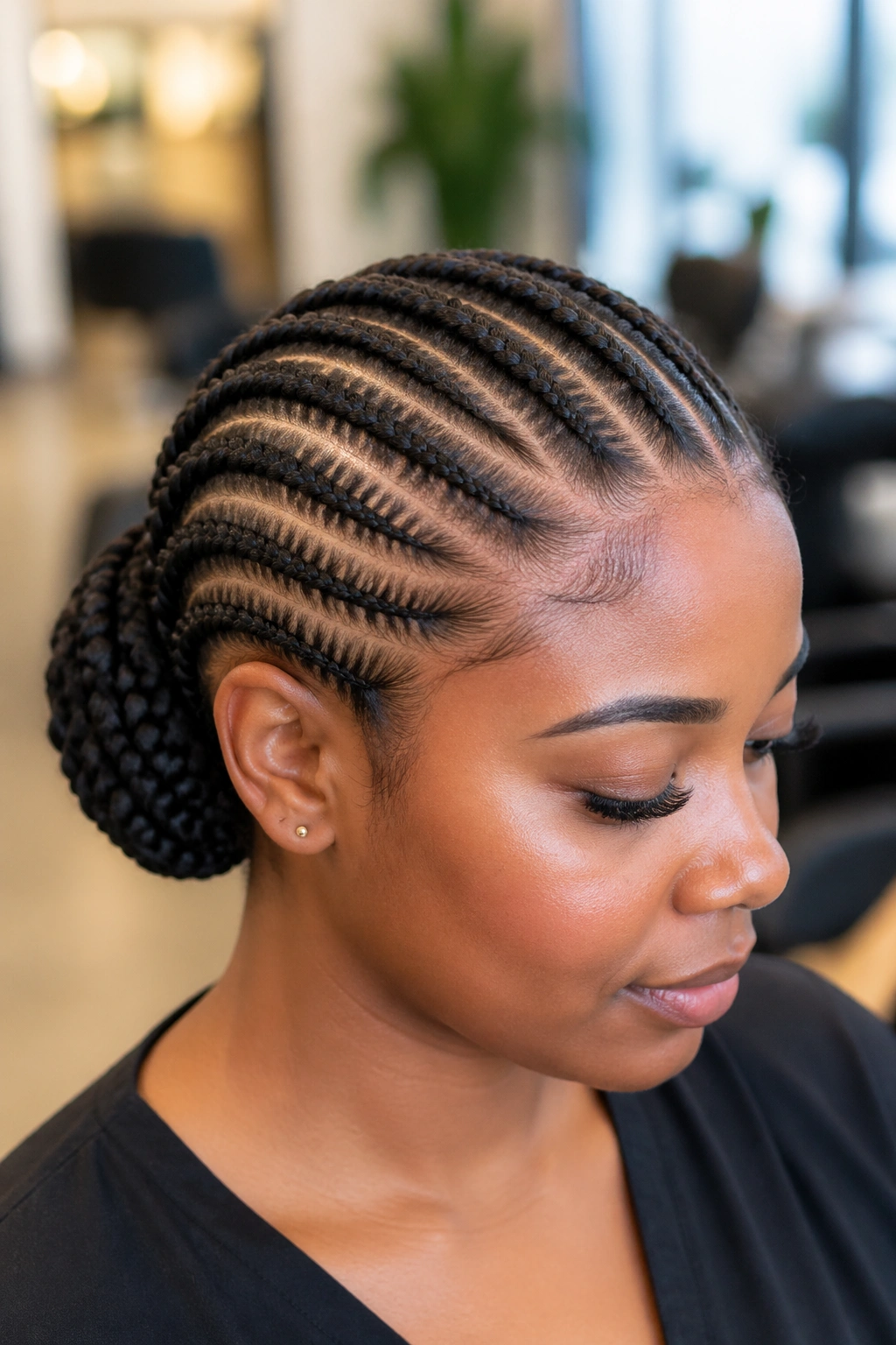 Close-up portrait of a real person with a protective cornrow updo showing tucked ends and visible scalp