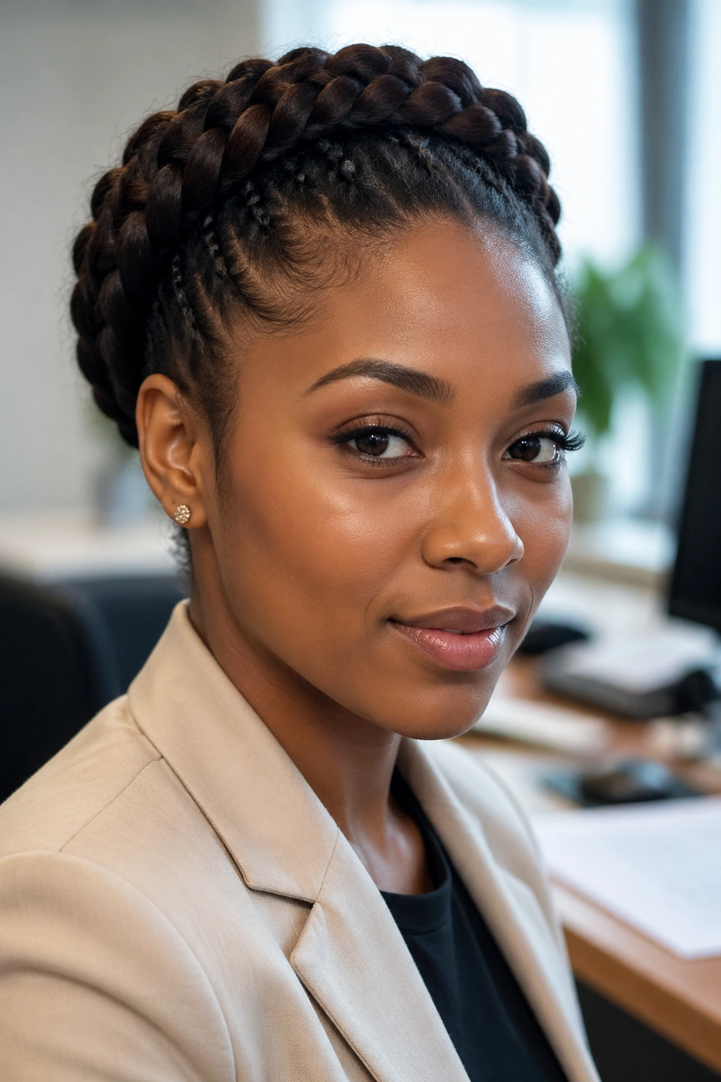 Real woman with a neat protective crown braid for work.