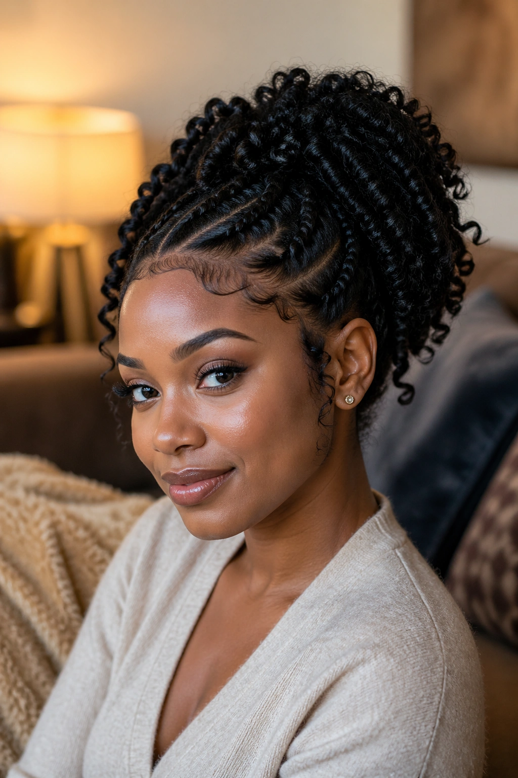 Close-up of a real woman with a gathered protective hairstyle showing tucked ends