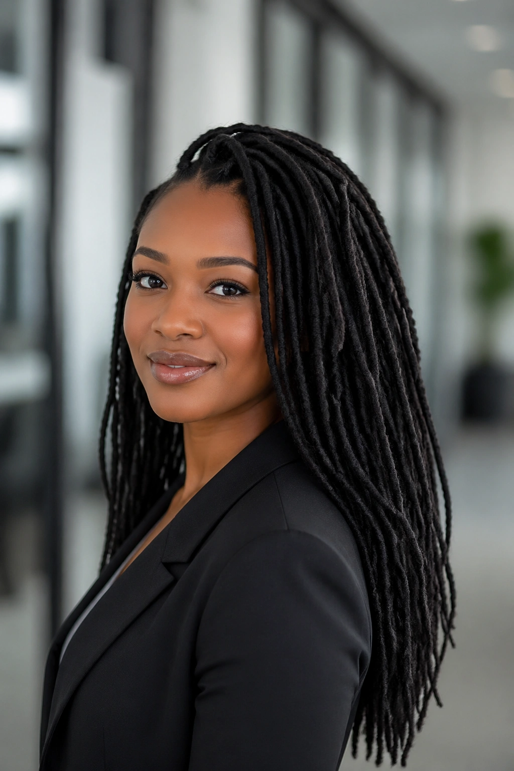Real person with shoulder to mid-back protective faux locs in an office setting