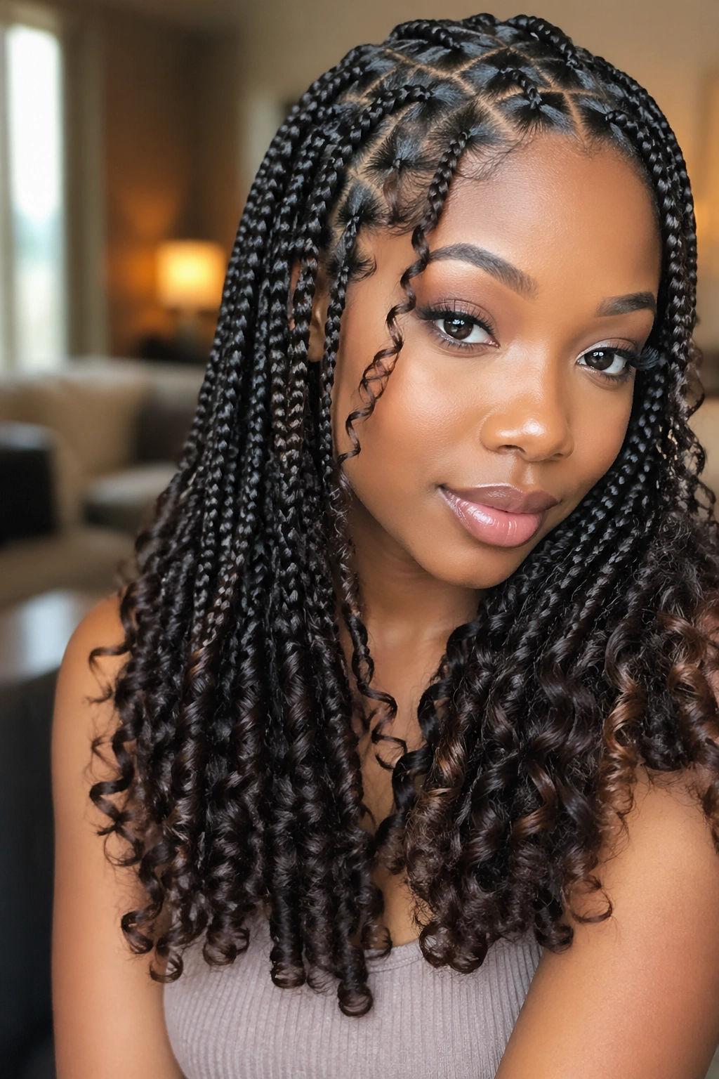 Close-up of a real woman with box braids and curly ends, hair framing her face